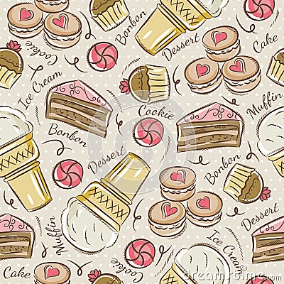 Background with cupcake, ice cream, cake and cookie. Vector Illustration