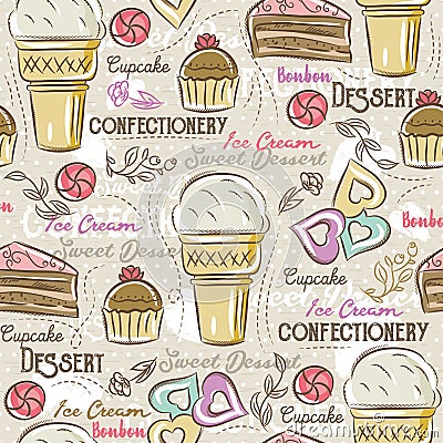 Background with cupcake, ice cream, cake and cookie, vector Vector Illustration