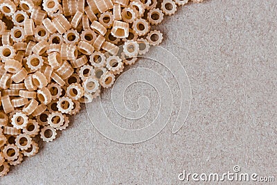 Background with curly pasta. Top view, copy space Stock Photo
