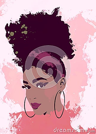 Cute black African American girl or woman with high puff Afro hair style and make up Cartoon Illustration