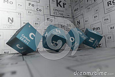 Background of 3d cubes of the elements of the periodic table, carbon, hydrogen, oxygen and nitrogen, background for education, Stock Photo