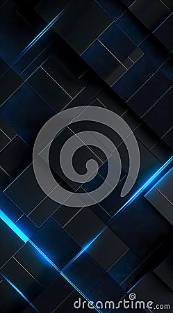 Background with dark overlapping rectangular shapes and glowing blue lines creating a sleek and futuristic design, perfect for Stock Photo