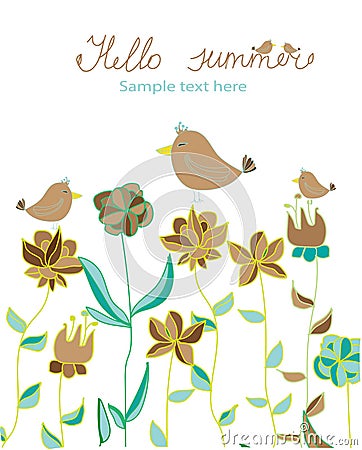 Background with decorative flowers and birds and with lettering Hello summer Vector Illustration