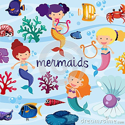 Background design with cute mermaids underwater Vector Illustration