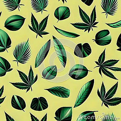 Background Design With Green Cannabis Leaves and Other Vegetation Stock Photo