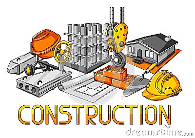 Background design with housing construction items. Industrial repair or building symbols. Vector Illustration