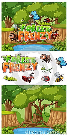 Background design with many insects in forest Vector Illustration