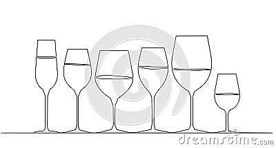 Background drink. Pattern glasses. Continuous drawing. One line style. Vector illustration. drawing of a different sized wine Cartoon Illustration
