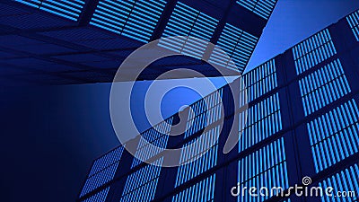 A background of an Elegant and Modern 3D Rendering image in blue and black looking up at LED building electric bulletin board Cartoon Illustration