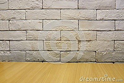 Background of empty white brick old wall, wooden floor Stock Photo