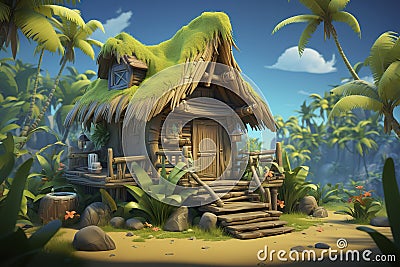 Background environment of hidden treasure hunt in 3D abstract village for adventure mobile game. Stock Photo