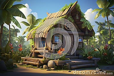 Background environment of hidden treasure hunt in 3D abstract village for adventure mobile game. Stock Photo