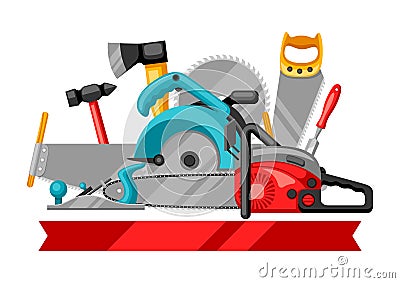 Background with equipment and tools for forestry and lumber industry Vector Illustration