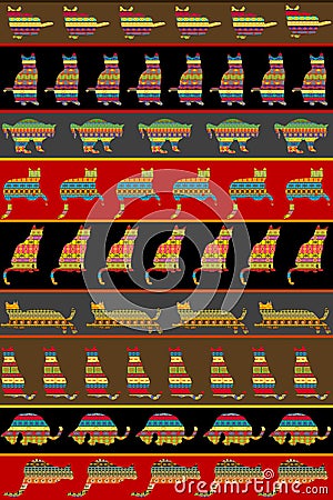 Background with ethnic ornaments patterned cats Vector Illustration