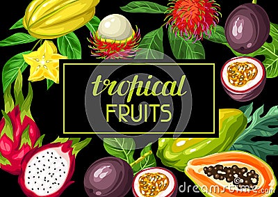 Background with exotic tropical fruits. Illustration of asian plants Vector Illustration