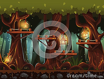 Background fabulous night forest with lanterns, fireflies and wooden bridges in the trees. Vector Illustration