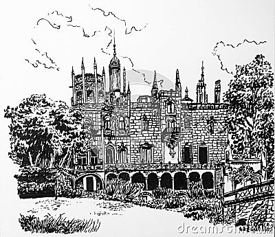 Background facade of the palace in the estate of Quinta de Regaleira, in Sintra, Portugal, hand drawn illustration Vector Illustration