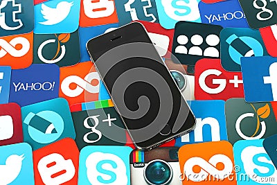 Background of famous social media icons with iPhone Editorial Stock Photo