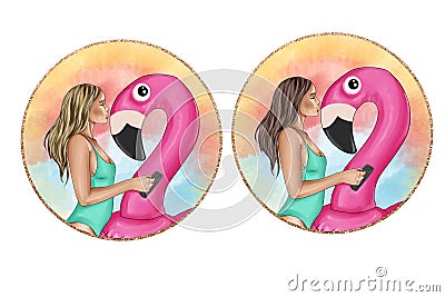 Fashion Illustration of girl kissing flamingo float Stock Photo