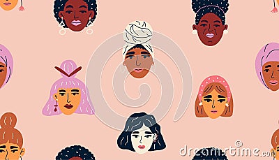 Background with female diverse faces of different ethnicity. Vector seamless pattern. Vector Illustration