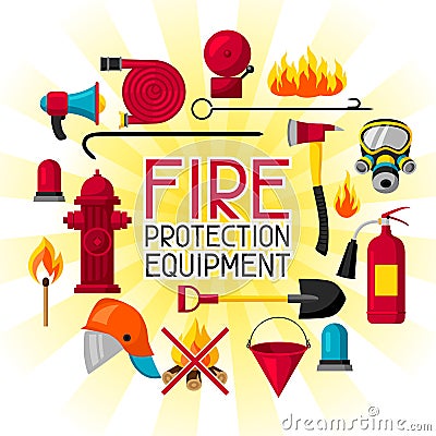 Background with firefighting items. Fire protection equipment Vector Illustration