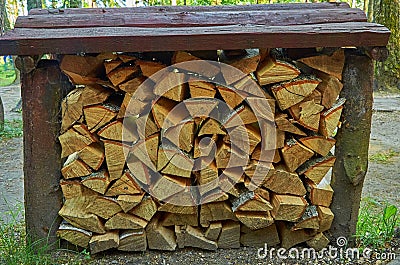 Background. Firewood in the storage room close-up Stock Photo