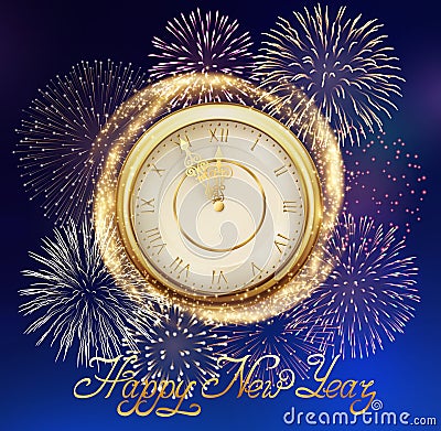 Background with Fireworks and Clock Vector Illustration