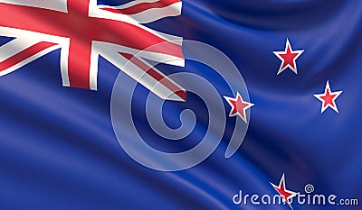 Flag of New Zealand. Waved highly detailed fabric texture. 3D illustration. Stock Photo