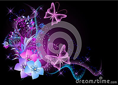 Background with flowers, smoke and butterfly Vector Illustration