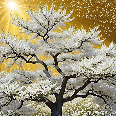 Background of a flowery tree in with white flowers and golden interior wall Cartoon Illustration
