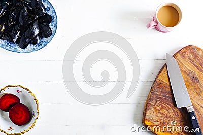 Background food preparation table, mussels, beet, coffee Stock Photo