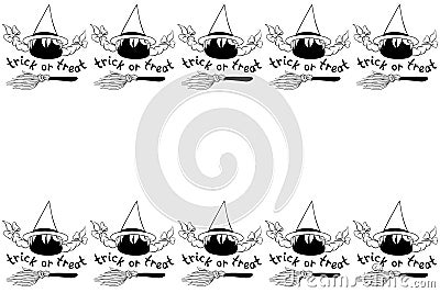Background, frame for Halloween. Horizontal top and bottom ending, border of witch icons and brooms. Trick or treat-lettering. Stock Photo
