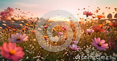 background violet pink blooming sunlight beautiful sunset field meadow flower nature. Generative AI. Stock Photo