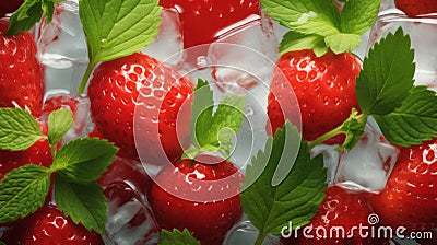 Background with fresh strawberries, mint and icecubes created with Generative AI Stock Photo