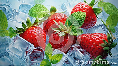 Background with fresh strawberries, mint and icecubes created with Generative AI Stock Photo