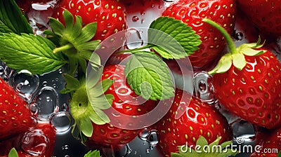 Background with fresh strawberries, mint and icecubes created with Generative AI Stock Photo