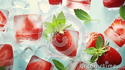 Background with fresh strawberries, mint and icecubes created with Generative AI Stock Photo