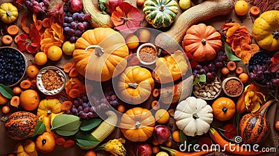 Background of fruits and vegetables, top view, Happy Thanksgiving, Harvest Stock Photo