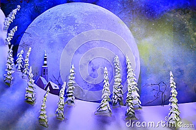 Background of full moon rising over fantasy landscape Stock Photo