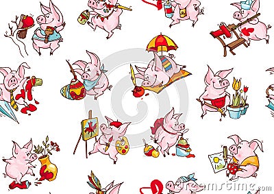 Background of funny pigs. Seamless pattern of vector illustrations. Gift wrapping. Textile. 2019 Chinese New Year of the Pig Vector Illustration