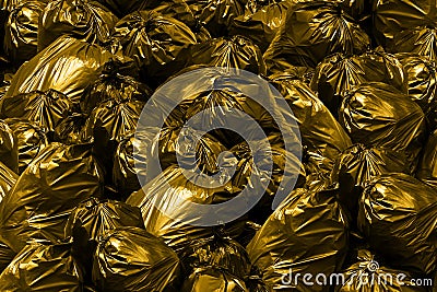 Background garbage dump Pollution Garbage bags with yellow and gold, Bin,Trash, Garbage, Rubbish, Plastic Bags pile Stock Photo