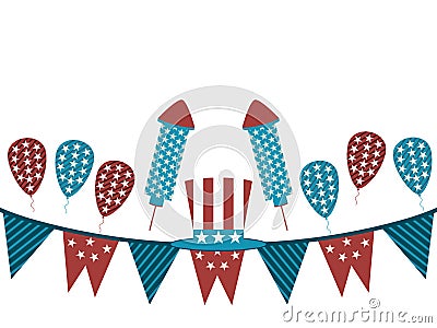 Background with garland and fireworks. Uncle Sam hat and garland on a white background, holiday items. Vector Illustration