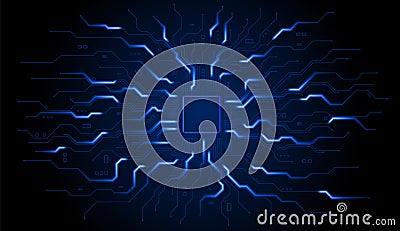 Background with glowing microcircuits and a processor. Electrical impulses run along the paths. Abstract blue Vector Illustration