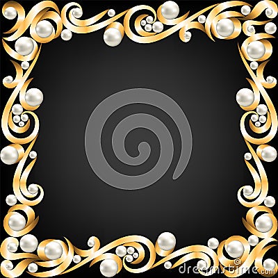 Gold jewelry frame and pearls Vector Illustration