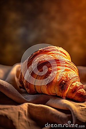 croissant gold background bokeh breakfast cup background table bakery morning drink food. Generative AI. Stock Photo