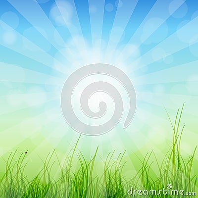 Background with grass and tulips against sunny Cartoon Illustration