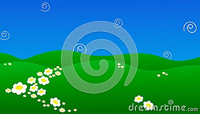 Background of green field with flowers and blue sky illustration EPS 10 Cartoon Illustration