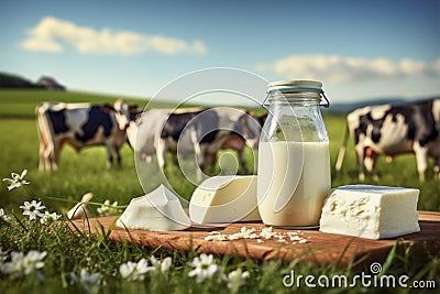 Background of green meadow, dairy milk products, grazing cows Stock Photo