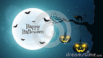 Background for Halloween. Black cat walks through the tree. Bats fly against the background of the full moon. Halloween pumpkins w Cartoon Illustration