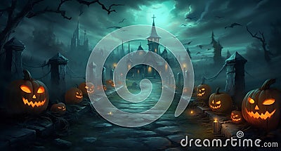 pumpkin horror halloween cemetery holiday grave moon dark night bat. Generative AI. Stock Photo